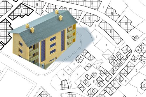 Imaginary cadastral map of territory with buildings, roads and land parcel - land and property registry and real estate property concept illustration. Concept for Zoning Laws.